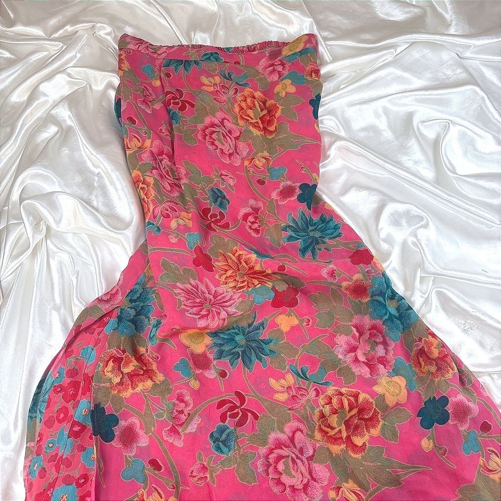 Vintage Midi Skirt Pink Excellent Floral Print Rayon Elastic Waist Petite 8P